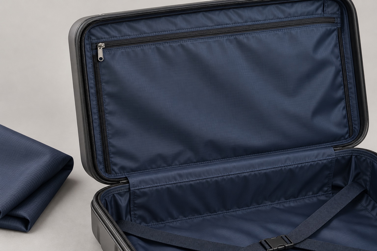 Photoreal application concept of navy lining inside an open hard-shell suitcase